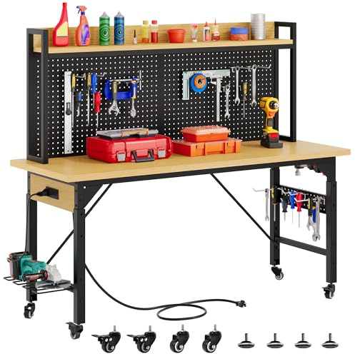 DWVO 60 Adjustable Workbench with Pegboard, Heavy Duty Wood Top Work Bench with Wheels, 1600 LBS Load Capacity, Rolling Work Table with AC/USB Outlet, Hooks, Rack for Garage, Workshop, Office, Home