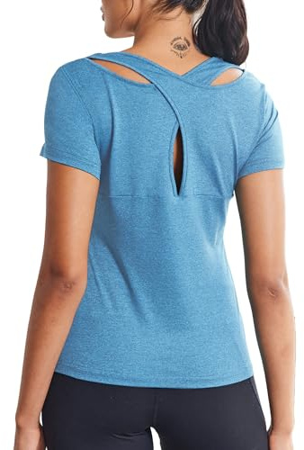 ADOME Sportshirt Damen Kurzarm T-Shirt Funktionsshirt Sport Yoga Shirt Rundhals Laufshirt Rückenfreies Sport Oberteile Backless Top Elastisch Hellblau L