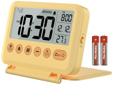 MeesMeek Digital Travel Alarm Clock - 3.54 inch LCD Display, 9-Minute Snooze, 2 Volume Levels, Backlight, Battery Included (Yellow)