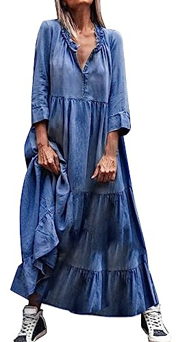 Vestido vaquero para mujer, vestido largo de camisa de verano, manga larga, vestido vaquero con volantes, ropa para niña, informal, vestido informal, vestido de tirantes monocromáticos, vestido de