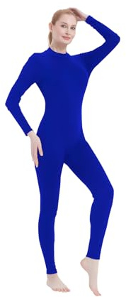 Kninmdor Women Unitard Dance Bodysuit Royal Blue High Neck Turtleneck Jumpsuit Dancer Leotard Full Body Suits Long Sleeves One Piece (Royal Blue-L)