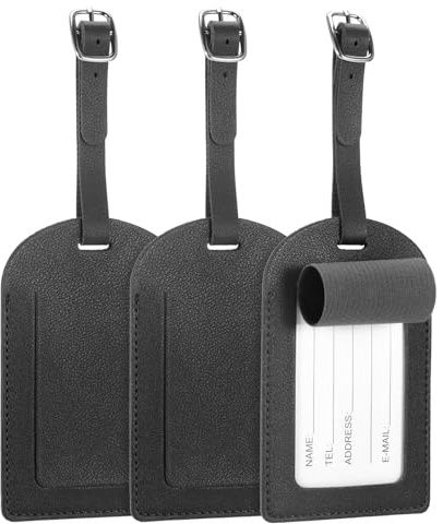Coptiner 3 Pcs Luggage Tags Travel Suitcase Tags PU Leather Luggage Tags for Suitcases Suitcase ID Tags Luggage Labels with Name ID Card & Adjustable Strap Durable Waterproof (Black)