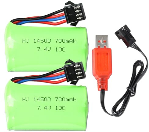 Paquete de 2 Baterías RC de 7,4V 700mAh 10C con Enchufe SM-4P y Cable de Carga USB para Modelos de Coches RC, Buggy, Barcos RC, Camiones, Semirremolques de Plataforma Plana RC y Gel Blaster