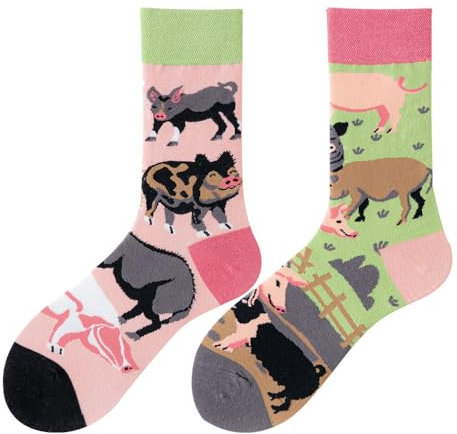 NxnChc Lustige Socken Für Damen Und Herren Unisex Viele Schwein Motive Tier Essen Obst Sport Kunst Aus Baumwolle Geschenk Asymmetrische Muster Links Und Rechts