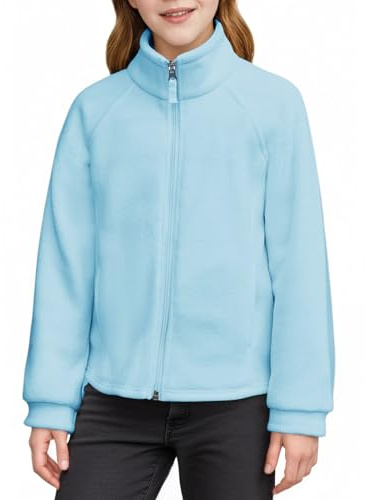 Haloumoning Chaqueta para niña con cuello alto, chaqueta de forro polar para niños, ligera, Sherpa, abrigo de peluche, monocolor, informal, cálido, chaqueta de invierno con cremallera, azul, 11-12