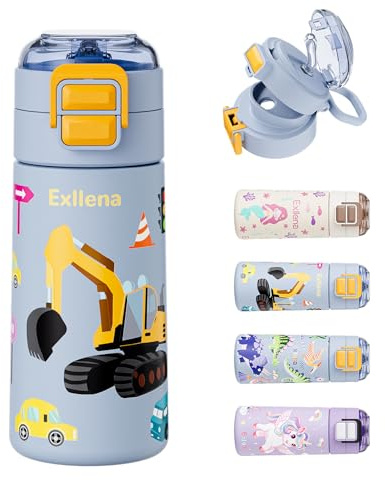 Exllena 400ml Stainless Steel Water Bottle Kids with Pop-Open Soft Straw & Spout 2-in-1 Lid, Kids Metal Water Bottle Leak Proof for Cold&Hot Drinks, BPA-Free, Ideal for Boys Toddler Girls(Car)