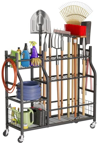 Garden Tool Organizer with Wheels for Garage and Shed, Spacious Tool Storage, Multi-Tier Design with Side Hooks for Rakes, Shovels, Brooms, and Yard Tools Rolling Cart