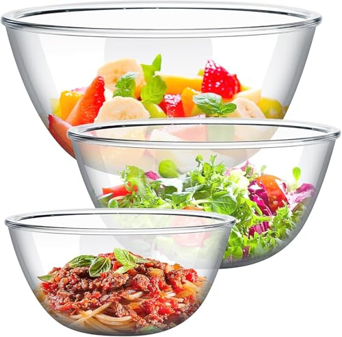 Malloom 3 Pcs Glass Mixing Bowls Set, High Brosilicate Kitchen Nesting Bowl for Food Storage, Cooking, Baking, Prepping, Microwave & Dishwasher Safe (0.95L, 2.4L, 4L)