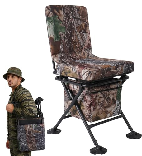 FUNHORUN Hunting Chair with Storage Bag, 360 Degree Silent Swivel Hunting Seat, Camouflage Foldable Ground Blind Chair, Tool-Free Padded Cushion Portable Seat, Lightweight