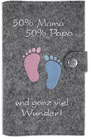 Goldi-Design mutterpass schutzhülle 50% Mama 50% Papa mit extra Fächern und Verschluss aus 100% Wollfilz (grau meliert)