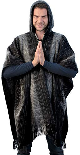 INTI ALPACA Alpaca Hooded Poncho for Men- Wool Cape with Hood - Winter Long Poncho - Comfortable House Coat (Black)