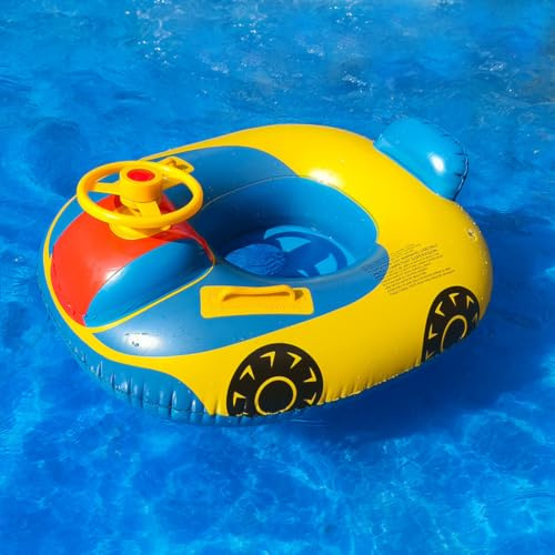Toddlers Kid Inflatable Swimming Float Pool Seat Boat Cute Car Baby Floatie Safe Seat Swim Ring with Steering Wheel Lake Float Raft Air Bed Floating Mattress for Girls Boys 1-5 Years