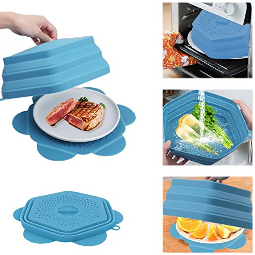 mumisuto 2 In 1 Mikrowellen Abdeckung, Nudelsieb Faltbar Silikon, Abdeckung Mikrowelle mit Haken & Dampflöchern, für Nudeln, Obst, Gemüse