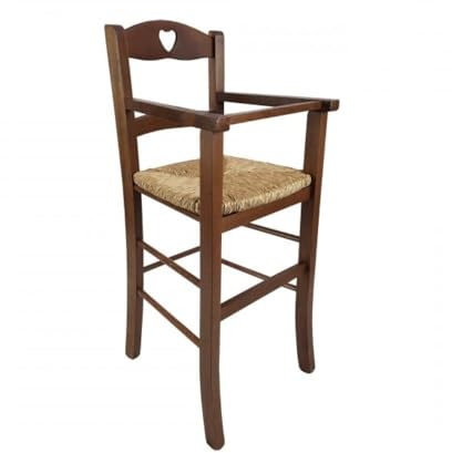 Chaise haute pour enfant en bois couleur noyer avec assise en paille