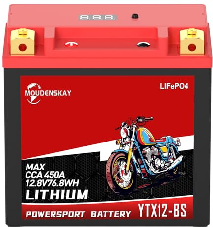 MOUDENSKAY Litium motorcykelbatteri 12 V litium YTX12-BS 6 Ah 450A 76,8 WH | LiFePO4-teknik, BMS-skydd och display, för motorcyklar, ATV, UTV. Ultralätt, underhållsfritt, perfekt för blybatterier