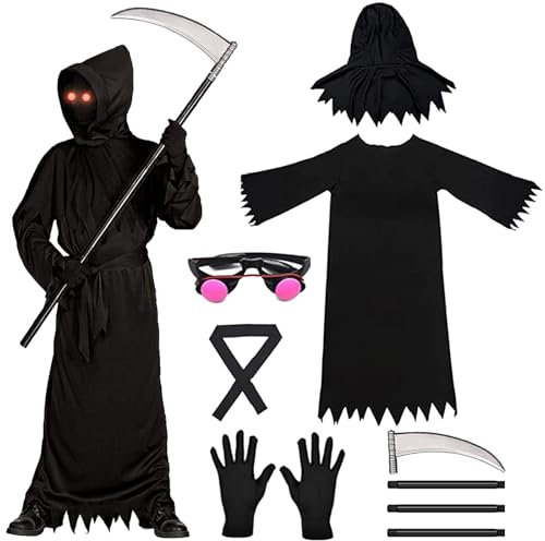 Newtic Faucheuse d'Halloween Pour Enfant, Set Déguisement Faucheuse avec Faucille/Chaînes/Verres Lumineux Rouge, Unisexe pour Halloween effrayant, Halloween Costume Parfait (L)