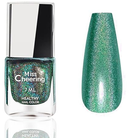 Holographic Nail Polish - Dark Green Glitter Nail Varnish - Laser Rainbow Reflective Nail Polish Quick Dry - Air Dry No Need UV Long Lasting DIY Nail Art at Home