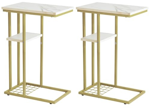 YMYNY Beistelltisch Kaffeetisch C-Form, Eleganter Kleiner Sofatisch, Industrie-Design 2er-Set,40 X 26 X 61.5 cm,Schlafzimmer Wohnzimmer, Marmormuster weiß und Gold HST004W-2