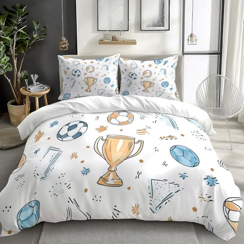Juego de Fundas Nórdicas Suave 3 Piezas para Cama 105 - Garabato dibujado a mano fútbol Patrón Funda Edredón Poliéster Algodón 180 x 220 cm + 2 Funda de Almohada 50x75, Patrón Moderna de Estampado,