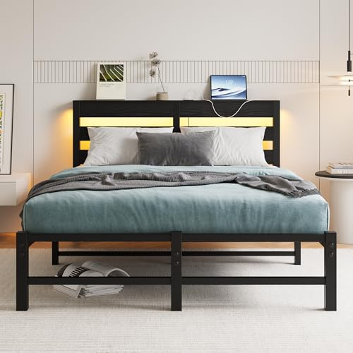 VERFARM - Marco de cama doble de 4 pies 6 pulgadas con estación de carga y luces LED, marco de plataforma de metal resistente de doble 135x190 cm con cabecera de almacenamiento de madera, sin