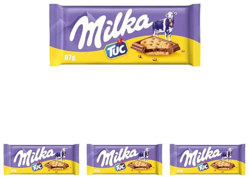 Milka TUC Tableta de Chocolate con Leche de los Alpes Cubierta con Galletas TUC 87g (Paquete de 4)