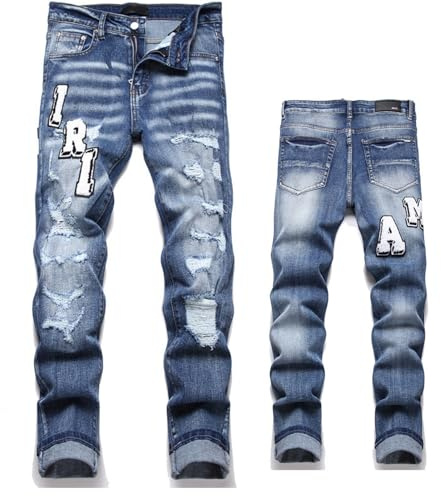Jeans Strappati Uomo Stretti Pantaloni in Denim Slim Fit Vita Alta Jeans Uomo Elasticizzati Ricamo Casual Hip-Hop Ragazzo Regalo,Blu,29