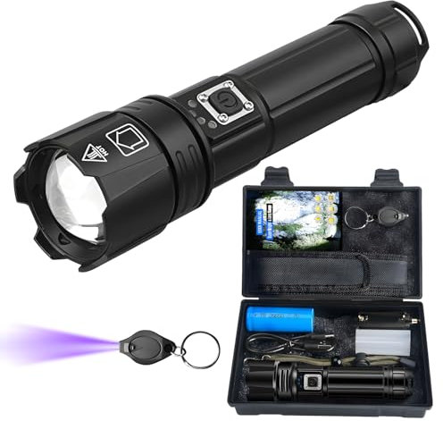 LED Torch, 500000 Lumens Super Bright Rechargeable Torches LED, Adjustable Focus, 5 Modes, 5000 mAh, XHP70.2, IP67 Waterproof, Powerful Handheld Flashlight for Power Cuts, Camping, Hiking, Emergency