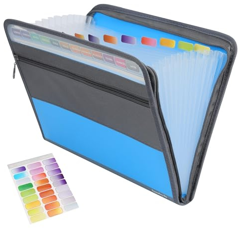 Clasificadores Carpetas de Acordeón, Extensible Carpeta Clasificadora de Cremallera, A4 Carpeta Archivadora Organizador de Archivos con 13 Bolsillos y Etiqueta de Color (Azul)