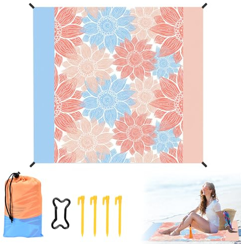 ZACUDA Manta de Playa 210x200cm Esterilla de Playa Impermeable y Resistente a la Arena Manta de Picnic Portátil Esterilla de Playa con 4 Piquetas Esterilla de Mar Fija Bolsa para Playa Camping Picnic