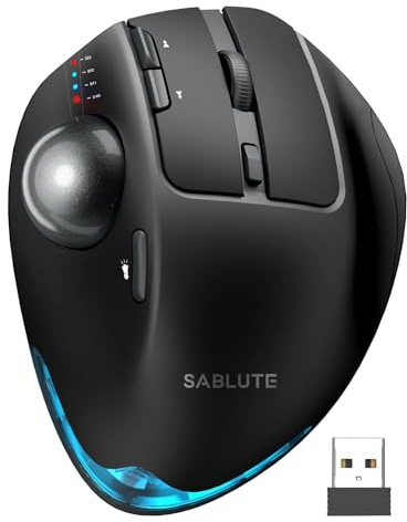 SABLUTE Ratón inalámbrico Trackball, mouse ergonómico recargable por Bluetooth, mouse retroiluminado para computadora portátil con 5 niveles DPI, ángulo ajustable, conexión de 3 dispositivos para PC