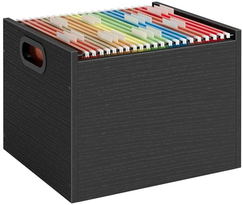 ROSONG Black Wood File Organizer Box - Filing Bin for Letter & A4 Size Wood Decorative Hanging File Folders Storage Crate with Handle, Sturdy Home Office Filing Cabinet System