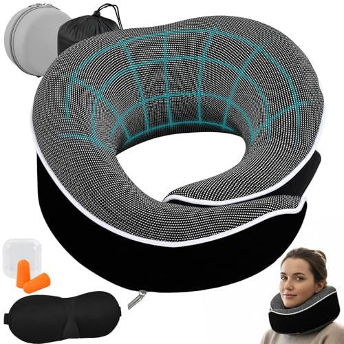 5 en 1 Cojin Cervical, Almohada Viaje Cuello Ajustable con Antifaz 3D, Tapones Oídos, Bolsillos, Cajas, Almohada Ergonómica Ortopedica de Espuma Viscoelastica para Dormir Avion Coche Tren Casa Oficina