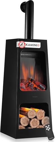 KAMINIO Elektrisk öppen spis Kai – elektrisk öppen spis för utomhusbruk med uppvärmning, 3D-lågeffekt, LED-atmosfärljus, träfack, fjärrkontroll (Large Pipe)