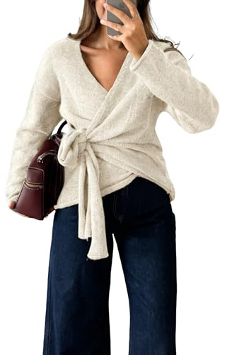 Watashi Women Casual V Neck Wrap Sweater Long Sleeve Cozy Self Tie Belted Knit Sweaters Fall Winter Outfits Cardigan(Apricot-L)