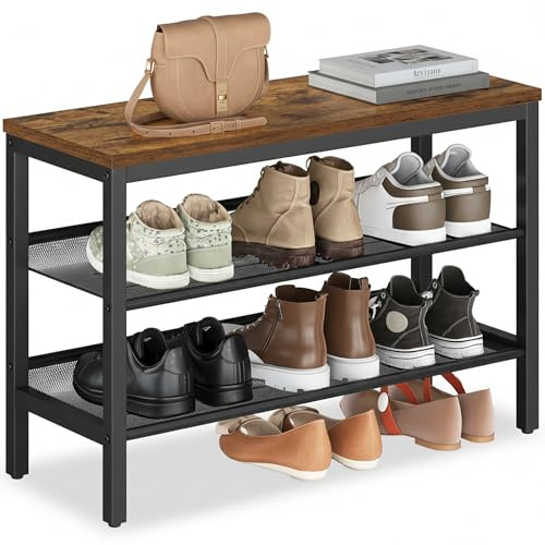 VASAGLE 3 Tier Shoe Rack Bench, One Piece Shelves, Shoe Storage Organiser with Raised Edges, Industrial Style, Easy Assembly, 28 x 75 x 50 cm, Rustic Brown and Matte Black LSB070KD02
