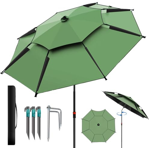 Sonnenschirm 200 cm,Doppellagiger Strandschirm mit Tragetasche,360° Verstellbarer Neigungswinkel,Höhenverstellbar,Sonnenschutz,UPF 50+,Windfest stabil,Parasol mit Bodenanker und Windfestem Seil