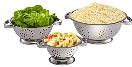 Relaxdays Scolapasta, Set da 3 pz., Ø 15 cm, 20 cm & 25 cm. Acciaio, Antiruggine, con Manici, Colapasta, argento