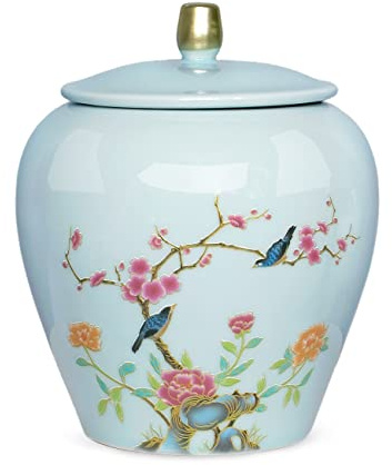 Dahlia Porcelain Tea Canister for Loose Tea, Airtight Longquan Celadon Tea Caddy, Lucky Magpie Bird 1000 ML