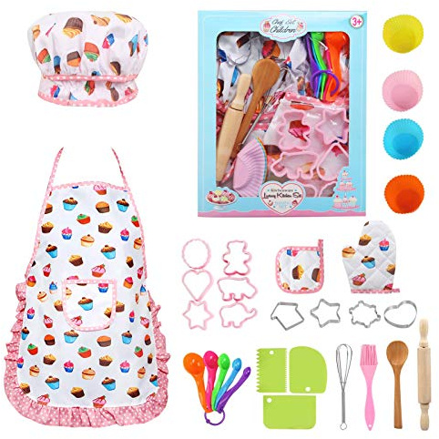 LEADSTAR Grembiule Cucina Bambini, Set Chef con Cappello Cuoco e Accessori, Kit da Cucina per Giochi di Ruolo, Regalo per Bambini 3-12 Anni, 30 Pezzi