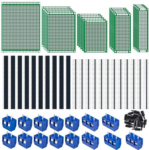 78Stk Lochrasterplatte Kit,21er Doppelseitig PCB Board leiterplatte Lochrasterplatine lochplatine,22Stk männlich weiblich 40 Pinne Kopfleiste,15Stk 2P&3P Screw Terminal mit 20 Tabletten Nylonsäule