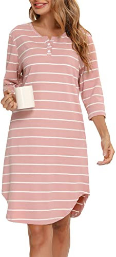 Vlazom Women's Nightdresses Soft Cotton Nightshirt Stripe 3/4 Sleeve Sleep Dress Sleepwear with Pockets, Pink,S