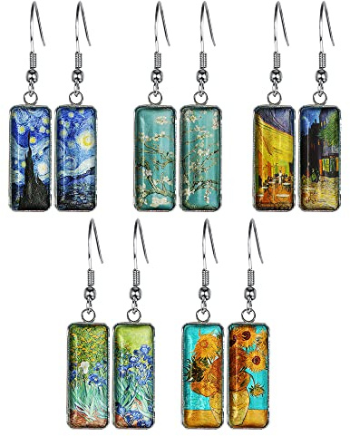WIRESTER 5 Pairs Glass Rectangle Earrings Drop Dangle Earrings Fashion Jewelry Accessories For Women - Sunflowers, The Starry Night, Irises, Almond Blossom, Cafe Terrace At Night Van Gogh