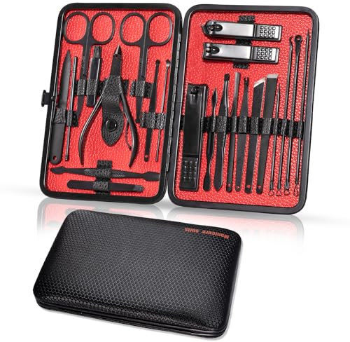 Maniküre Set Nagelset 23-teiliges Pediküre Set Nagelknipser Edelstahl Tragbarer Nagelschere Set mit PU Ledertasche Nagelpflegeset Professionelle Rundum Hand Fußpflege Kit für Damen Herren, Schwarz Rot