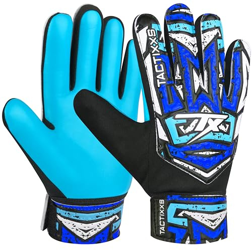 TACTIXXS Soccer Goalkeeper Gloves for Kids Boys Children Youth, Funky Football Goalie Gloves Anti Slip 4mm Latex Palm with Strong Grip (Cyan Blue, Size 4 Suitable for 6-9 Years)