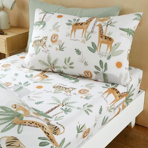 Happy Linen Company Girls Boys Kids Jungle Safari Animals Ivory Standard Reversible Extra Pair Of Standard Pillow Cases