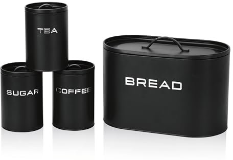 GOURMETmaxx Panera con juego de recipientes de almacenamiento – Juego de 8 piezas | Elegantes y herméticas latas de metal con tapa e inscripciones para pan, café, té y azúcar | hermético para