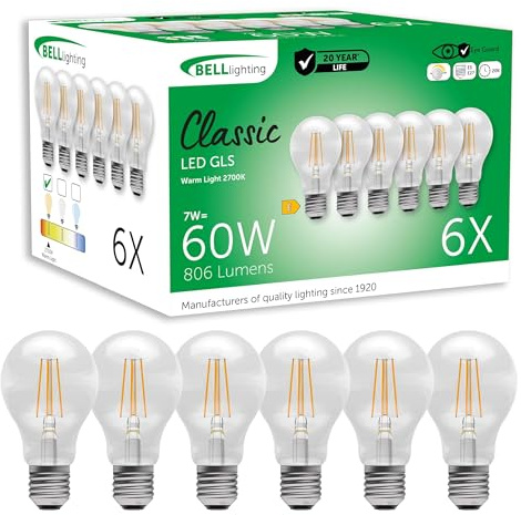 BELL Lighting E27 Dimmable LED Filament GLS Bulbs Warm White 7W 6 Pack