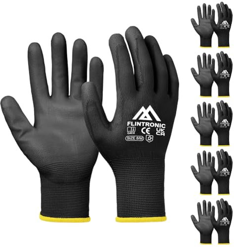 flintronic 6 Paar Arbeitshandschuhe, Nylon Arbeit Handschuhe für Herren und Damen, Beschichtete Gartenhandschuhe, mit PU-Beschichtung, Rutschfeste Handschuhe, für Bauarbeiter Mechaniker, Schwarz 8/M