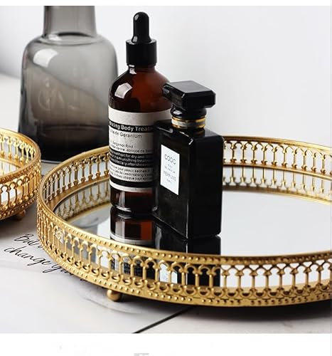 MAISON DE BUCKS Crystal Mirror Vanity Tray - 9.8 Round Gold Decorative Tray for Dresser, Bathroom, Kitchen