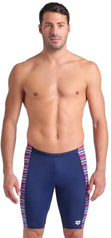 ARENA Performance Men's Racing Stripe Swim Jammer MaxLife Athletic Practice Knee-Length Swimsuit Short Competitive Training Bathing Suit, Navy/Multi, US Size 38